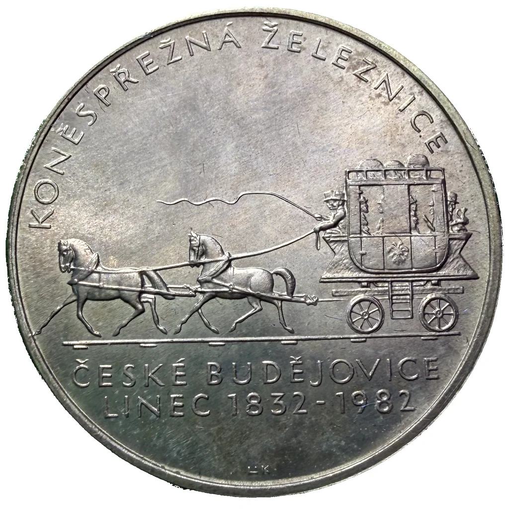 100 Koruna 1982 – 150. výročí zahájení provozu koněspřežné železnice České Budějovice – Linec